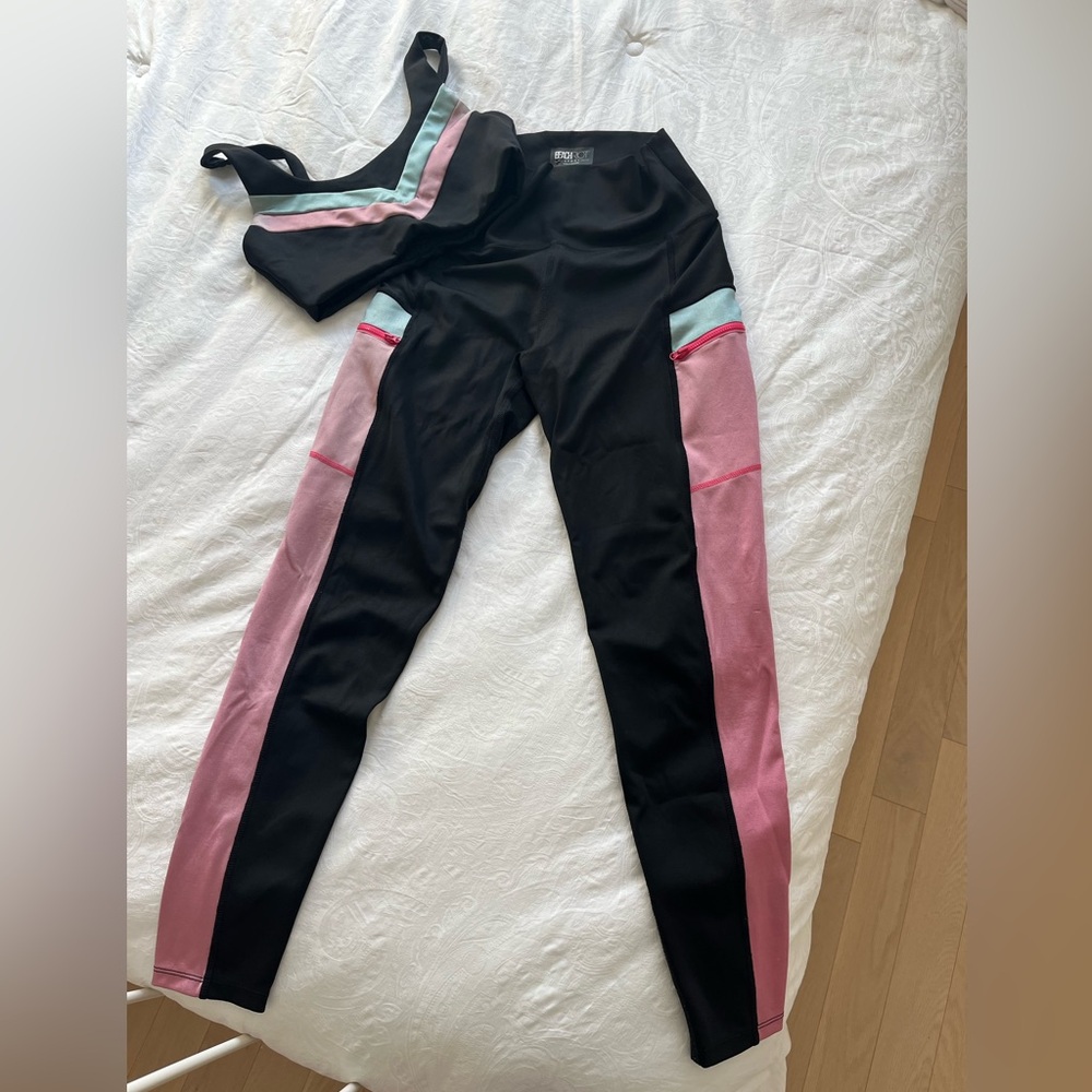 Beach Riot Black Sports Bra & Leggings with Pink and Mint Stripe Accents